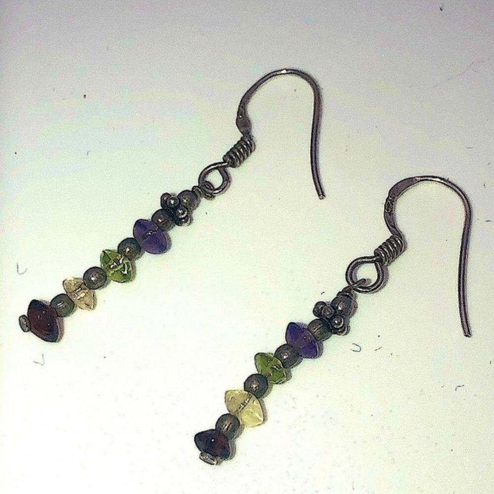 VTG Sterling Amethyst Peridot Clear Quartz &Garnet Stone Earrings 1.5”